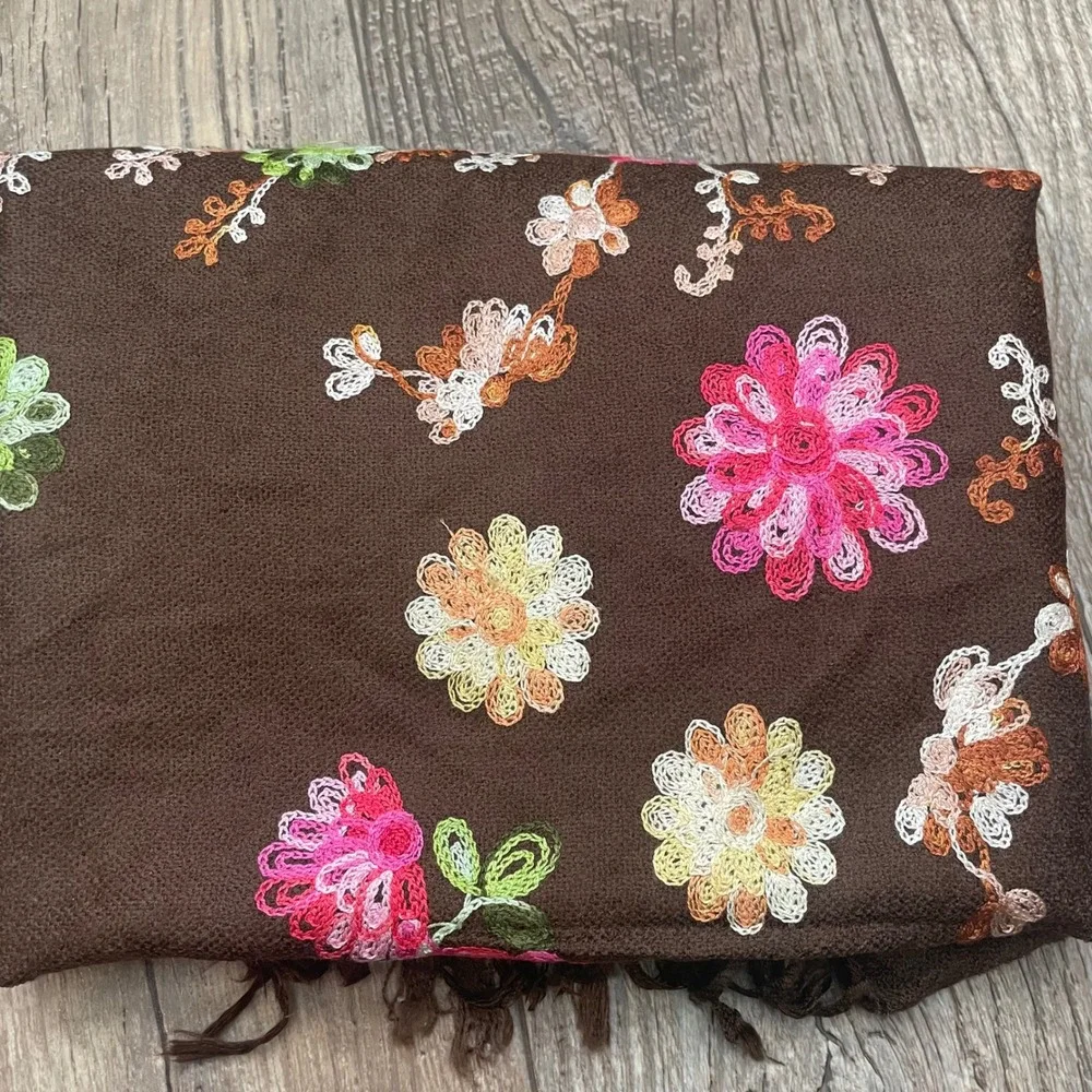 Brown Embroidered Floral Scarf Shawl Wrap Fringe Women's‎ Fashion Accessory